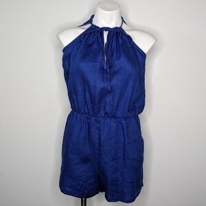 Idillio blue 100% linen halter tie keyhole romper XS